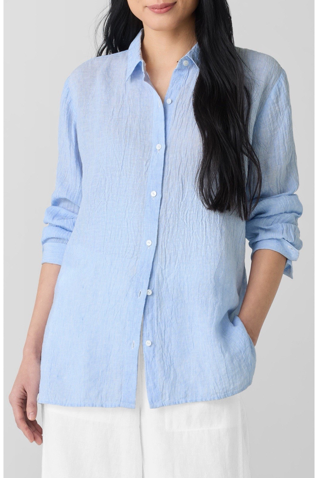 Eileen Fisher Womens Blue White Striped Crinkled Organic Linen Button Up Shirt S